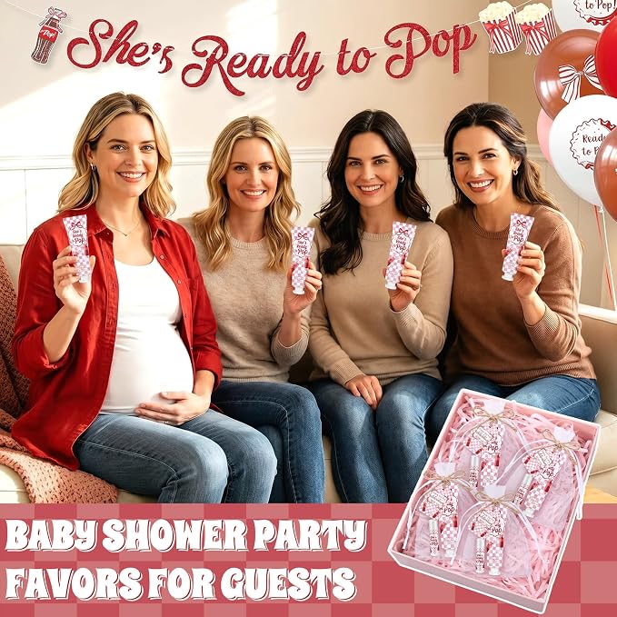 Lounsweer 24 Sets She's Ready to Pop Baby Shower Hand Cream and Lip Balm Gift Red White Checkered Baby Shower Party Favors for Guest Travel Size Hand Lotion Gender Reveal Newborn Party Supplies