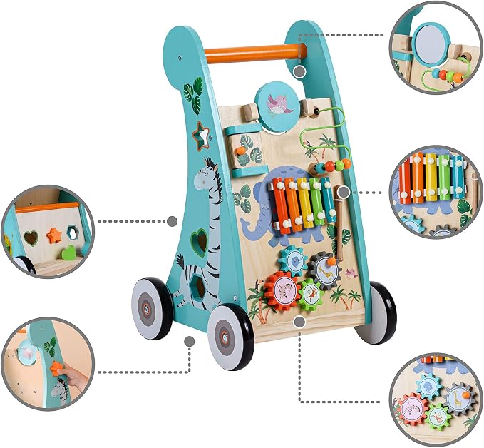 Teamson Kids Preschool Play Lab Wooden Baby Walker and Activity Station, Natural/Blue | Activity Station
