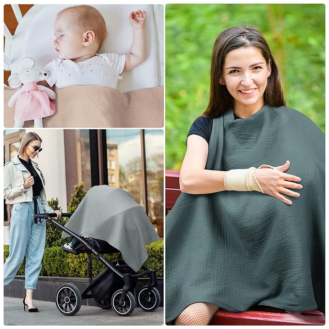 Treela 3 Pcs Muslin Cotton Breathable Nursing Cover Multi Use Car Seat Stroller Breastfeeding Cover for Breastfeeding Baby Shower Gifts Essentials(Bright Color)