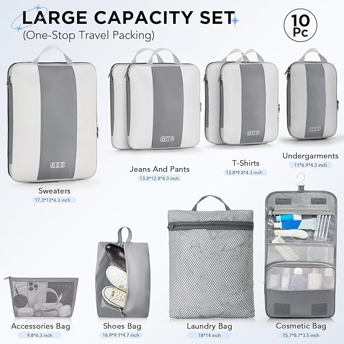 10 Set Compression Packing Cubes for Travel Essentials,Compressible Expandable Packing Cubes for Suitcase,OlarHike Luggage Garment Bags for Travel,Handy Helper for Organizing Clothes(Gray)
