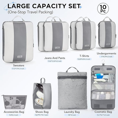 10 Set Compression Packing Cubes for Travel Essentials,Compressible Expandable Packing Cubes for Suitcase,OlarHike Luggage Garment Bags for Travel,Handy Helper for Organizing Clothes(Gray)