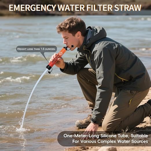 Emergency Water Filter Straw, Personal Survival Water Filtration System, Water Purifier, Outdoor Survival Gear and Equipment for Hiking Camping Accessories Cycling Fishing Preparedness (3PCS)
