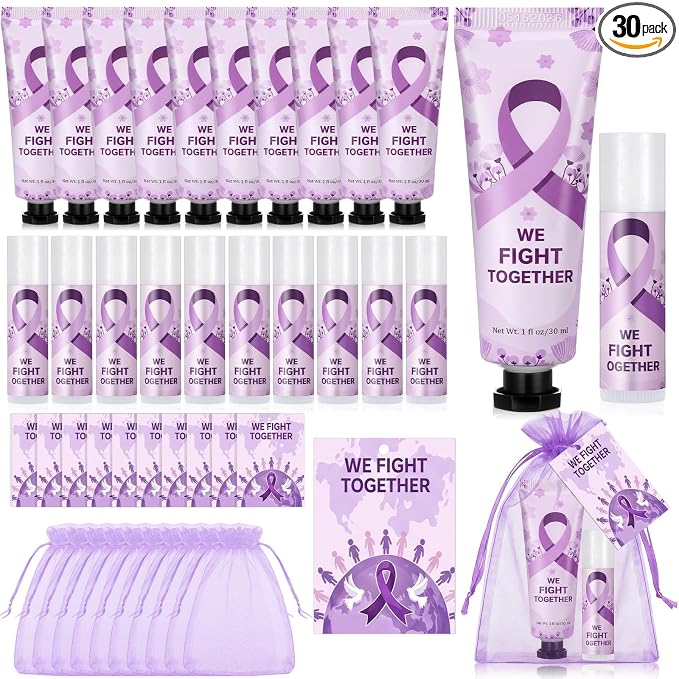 30 Sets Purple Ribbon Awareness Gift Set, Bulk Pancreatic Cancer Hand Cream Lip Balm Set with Organza Bags, Encouragement Cards for Domestic Violence, Lupus, Alzheimer's, Overdose Awareness