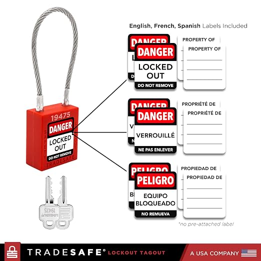TRADESAFE Lockout Tagout Steel Cable Locks with Keys,10 Red Keyed Different Electrical Lockout Padlock Set, 2 Keys per Lock, OSHA Compliant, Premium Grade