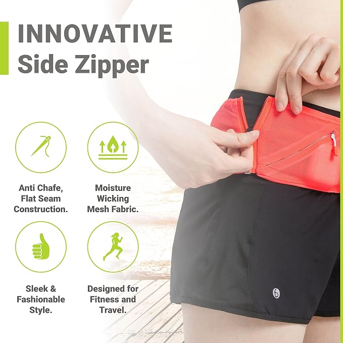 FlipBelt Lightweight Running Air Belt, Fitness and Running Fanny Pack for Women and Men, Non Chafing Waist Band Pack for Phone, Keys, Money, Moisture Wicking Storage Belt, USA Company Neon Punch