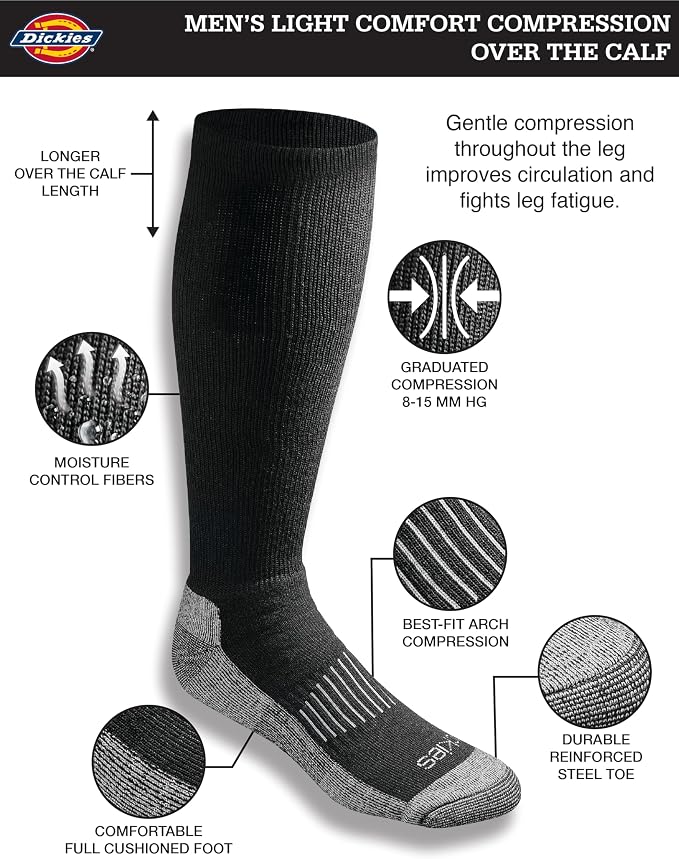 Dickies Men's Light Compression Comfort Over-The-Calf Socks, Available in M-XXL (2, 4 Pairs)