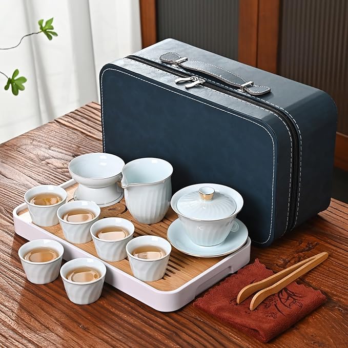 Chinese Tea Set, Gaiwan Tea Set with 6 Cups, Chinese Gongfu Teaset, Gold-plated Edge Craftsmanship(GaiwanB 6cups)
