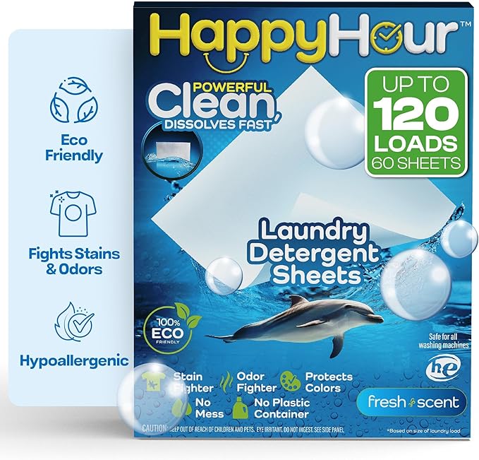 HAPPY HOUR Laundry Sheets Detergent 120 Loads Fresh Scent, 60 Sheets - Biodegradable Laundry Soap, Non Toxic, Plastic Free, Fights Tough Stains & Odors, Travel, Hypoallergenic for Sensitive Skin