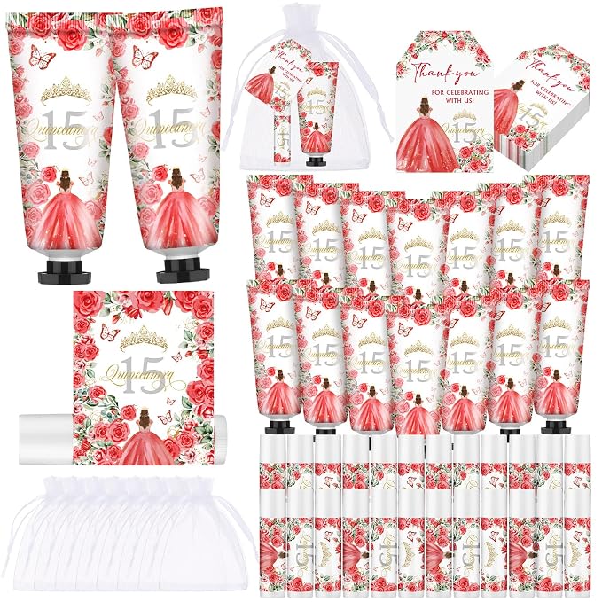 Leelosp 25 Set/100 Pcs Quinceanera Party Favor for Guest with Travel Size Hand Cream, Lip Balm, Card, Organza Bags Quinceanera Gift Set Sweet 15th Party Supply Birthday Souvenir(Red)