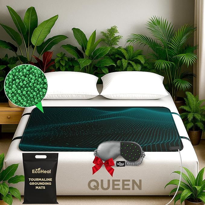 Tourmaline Grounding Mat for Bed, Queen 59” x 27” – Conductive PU Leather Surface, Quality Certified, Includes Silver Sleep Mask & 15ft Cord