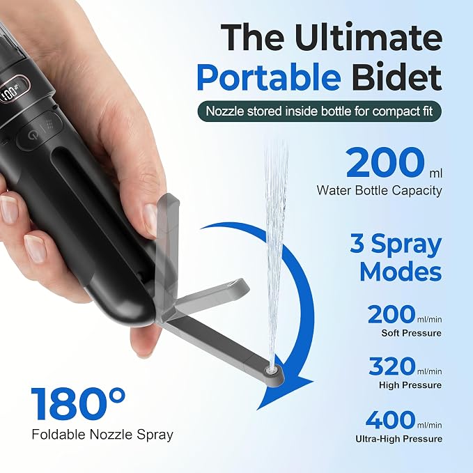 Electric Portable Bidet for Travel, Rechargeable for Women Postpartum, Period & Hygiene | 3 Pressure Modes, 260 Uses/Charge, IPX7 Waterproof, Foldable & Compact, Standard Bottle Fit, USB-C Charging, Black