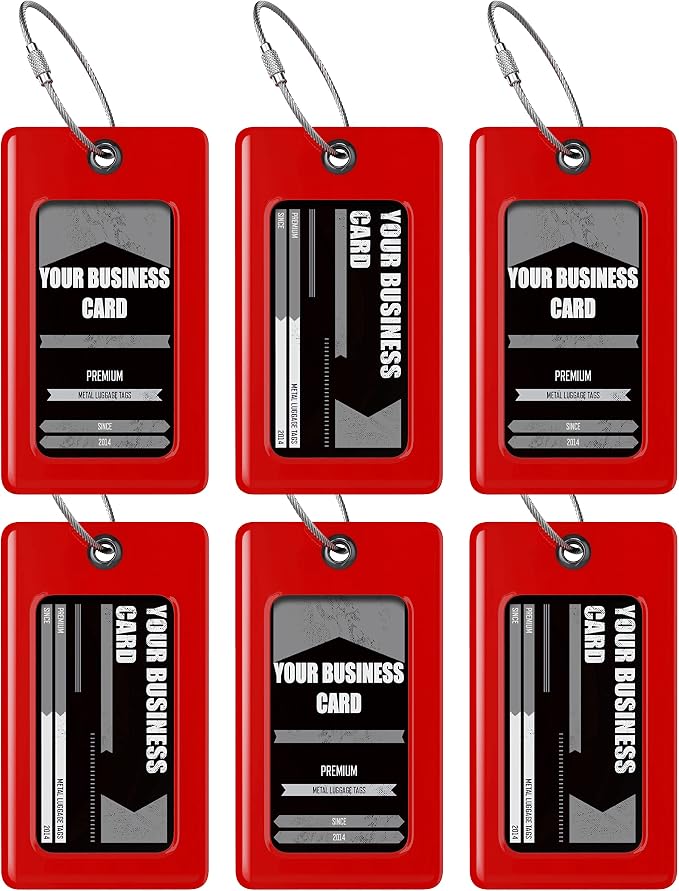 Luggage Tags Business Card Holder by TUFFTAAG - Flexible PVC Travel ID Bag Tag, Red, 6 Pack
