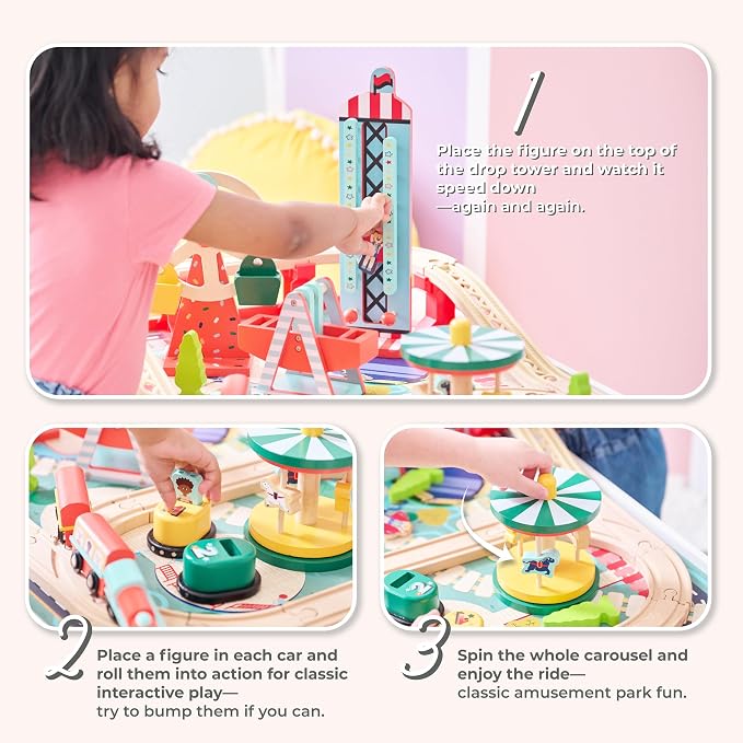 Teamson Kids Wooden Train Table – Carnival-Themed Amusement Park Playset | Ferris Wheel, Carousel & Train Track, Interactive Toy for Toddlers, With Storage, Ages 3+