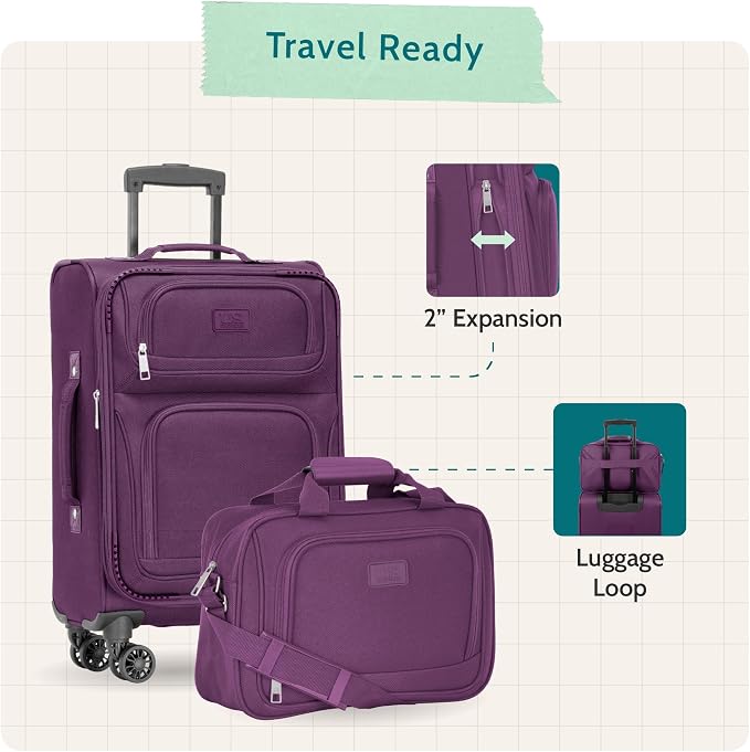 U.S. Traveler Rio Lightweight Softside Rolling Carry-on Suitcase, 4-Wheel Set, Purple