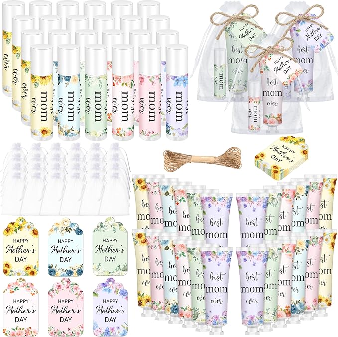 ElaraBerry 24 Sets Best Mom Ever Church Gifts Bulk for Women Birthday Gifts for Mom Hand Cream and Lip Balm Set with Organza Bag Thank You Card Mother Gift Bag Stuffers