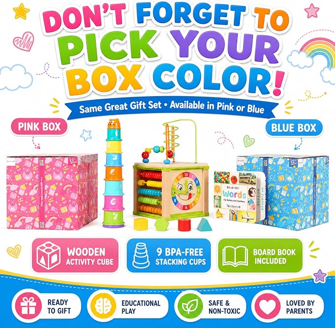 Wooden Activity Cube for 1 Year Old - 1 Year Old Boy Gifts - 1 Year Old Boy Toys - Educational Toys for 1 Year Old - Busy Cube with Bead Maze Toy - Baby Stacking Cups & Board Book - Blue Gift Box
