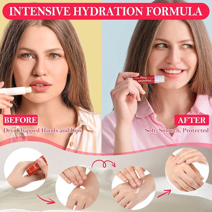 30 Sets Valentine's Day Hand Cream and Lip Balm Gift Bulk for women Romantic Love Heart Gifts with Organza Bag, Tag, Valentine Party Favors for family Teacher Nurse Coworker
