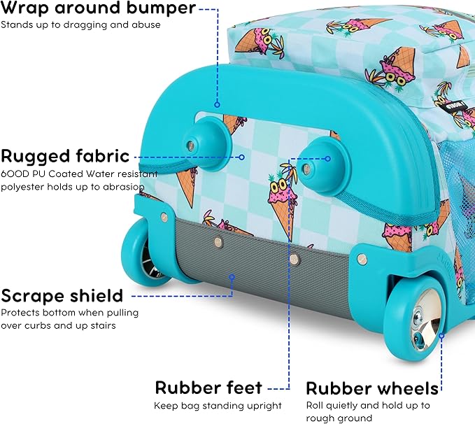 J World Sunrise Kids Rolling Backpack for Girls Boys. Roller Bookbag With Wheels For School, Ice Cone