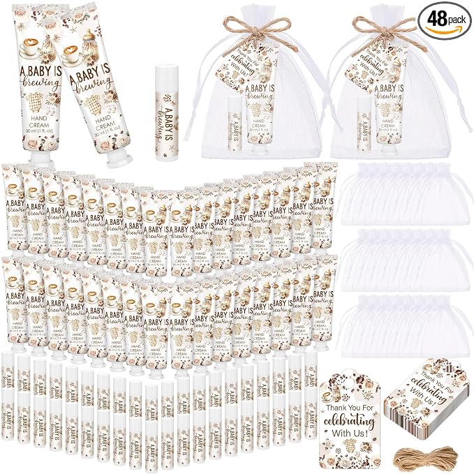 48 Sets a Baby Is Brewing Baby Shower Favors for Guests Coffee Babies Shower Gift Hand Cream and Lip Balm Bulk Thank You Souvenir for Pregnancy Diaper Party Supplies Gender Reveal Games Prizes