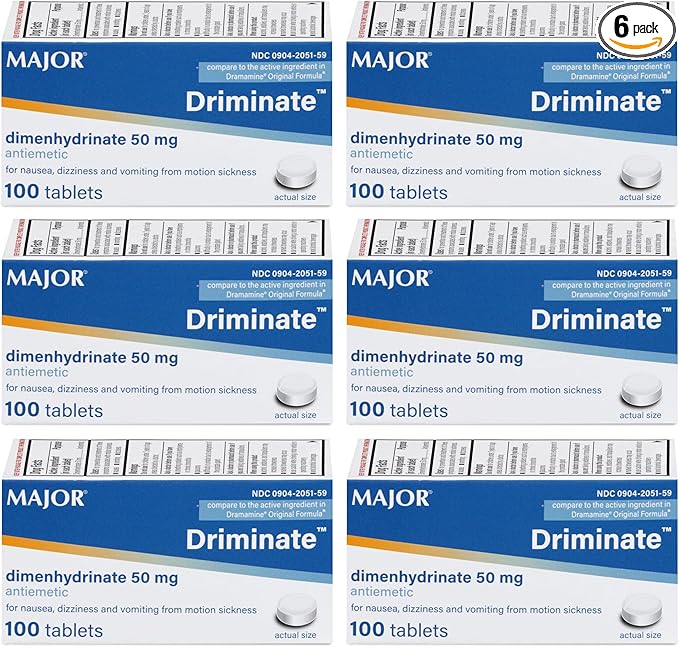 MAJOR Driminate - Dimenhydrinate 50mg Motion Sickness Tablets - Anti-Nausea Medicine - 100 Count (6 Pack)
