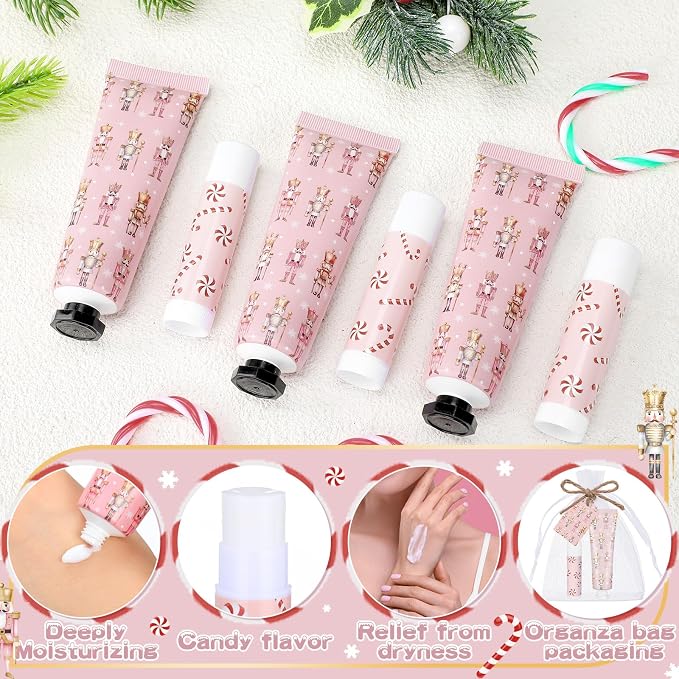 24 Sets Christmas Pink Nutcracker Hand Cream and Candy Lip Balm Gift Christmas Party Favors Travel Size Hand Lotion and Lip Balm Bulk Wedding Bridal Baby Shower Party Supplies for Guest
