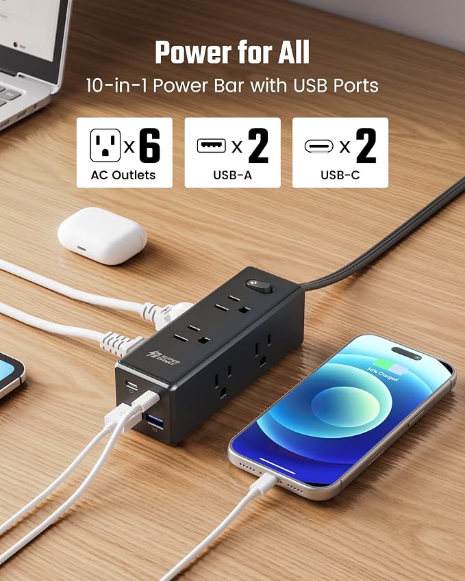 15 Ft Extension Cord with Multiple Outlets, Long Extension with 6 Outlets 4 USB Ports(2 USB C), Flat Plug Surge Protector Power Strip for Home, Office Supplies, Dorm Essentials, Black