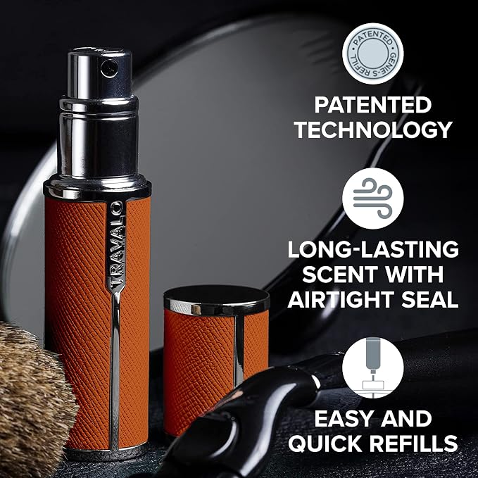 Travalo Milano Perfume Atomizer - Leak-Proof and TSA Approved for Air Travel - Reusable, Airtight, Easy Fill Mini Pump Sprayer - Lightweight, Vegan Leather with Polished Metal Outer Shell - Orange