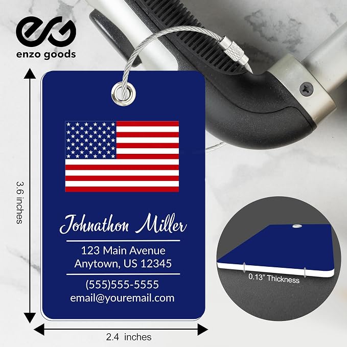 Personalized Luggage Tag with American Flag | Custom Luggage Tags for Suitcases | Kids Backpack Tag | 4 Color Options & Choose Font, Font Color