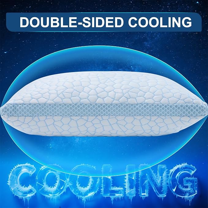 QUTOOL Enhanced Cooling Pillows for Sleeping, CertiPUR-US Shredded Memory Foam Pillows Queen Size Set of 1 for Hot Sleeper, Adjustable Bed Pillow for Side, Back, Stomach Sleepers Support Yet Soft Blue