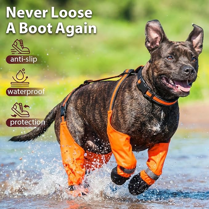 Dog Suspenders Boots, Winter Snow Shoes for Large Dogs, Waterproof Dog Boots for Rain Mud, Anti-Slip Stay-On for Active Dogs, Adjustable Reflective Paw Protector for Walking Hiking, 2XL Orange