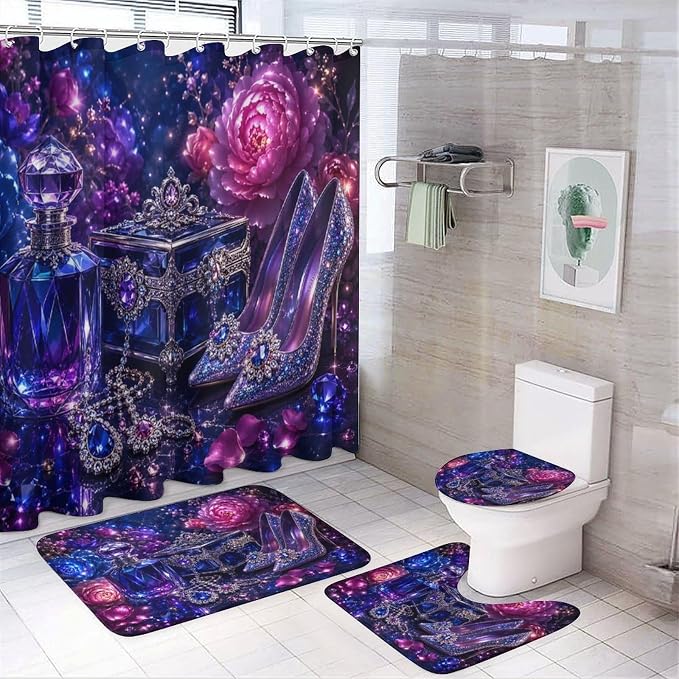 Magical Crystal Shoes And Jewelry Set Bathroom Rug Set 4 Piece with Shower Curtain Non Slip Bath Mat Set Microfiber Bathroom Decor Toilet Lid Cover U Shape Rug Waterproof Bathroom Accessories