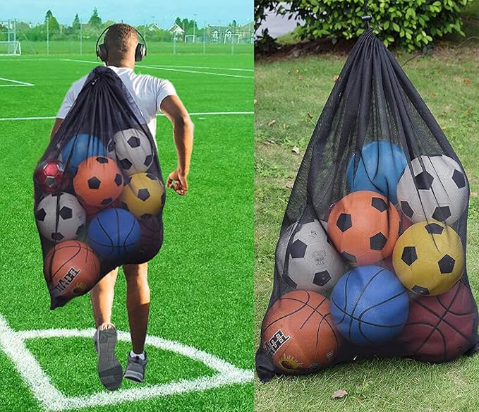 Heavy Duty Mesh Ball Bag, Drawstring Sport Equipment Storage Bag for Basketball, Soccer, Sports Beach and Swimming Gears with Adjustable Shoulder Strap Outdoor Organizer