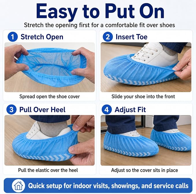 Innovative Haus Blue Indoor Disposable Shoe Covers - Disposable Non Slip Boot Covers - Indoor Reusable Booties - Treads - Water Resistant - 200 Pack, Extra Large