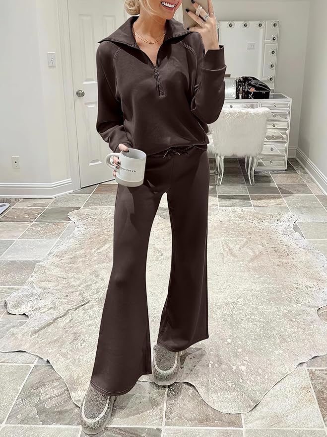 ANRABESS Women’s 2 Piece Outfits Half Zip Sweatshirt & Wide Leg Pants Airport Travel Lounge Matching Sets Sweatsuits Clothing