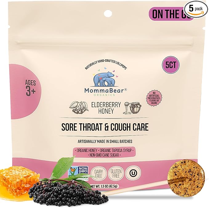 MommaBear Organics Handcrafted Kids Cough Lollipops – Natural Sore Throat Relief & Cough Drop Suckers for Kids 3+ – Elderberry Bits, Honey & Organic Flavors – Tightly Sealed for Freshness, 5pc