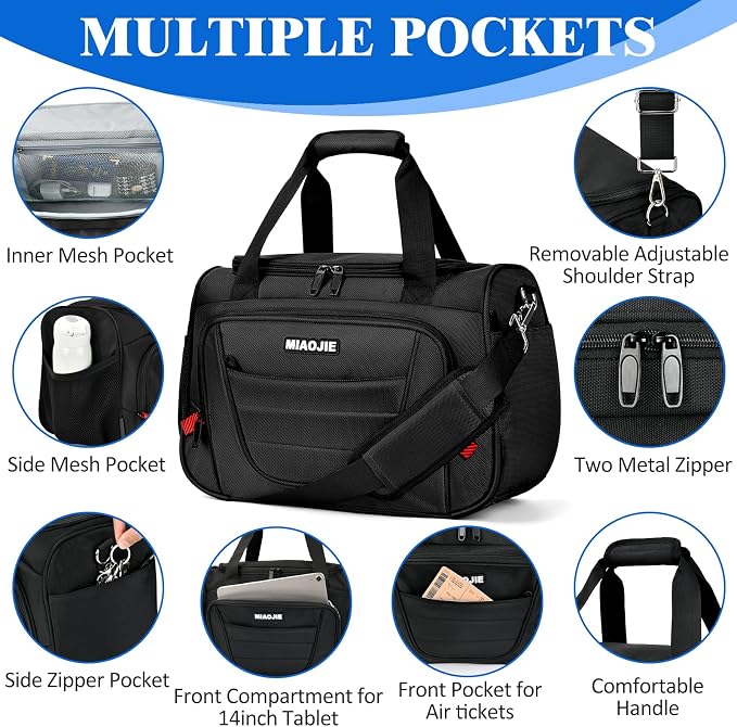 Underseat Carry On luggage Bag Airplanes Personal Item Bags Weekender Overnight Travel Tote Bag Shoulder Small Softside Carry on Luggage Travel Duffel Bags For Men Women -18 IN Black