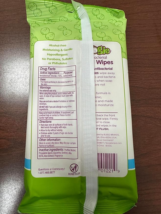 Boogie Antibacterial Hand Wipes - 100 Count - Hypoallergenic & Alcohol-Free - Travel and Diaper Bag Essential