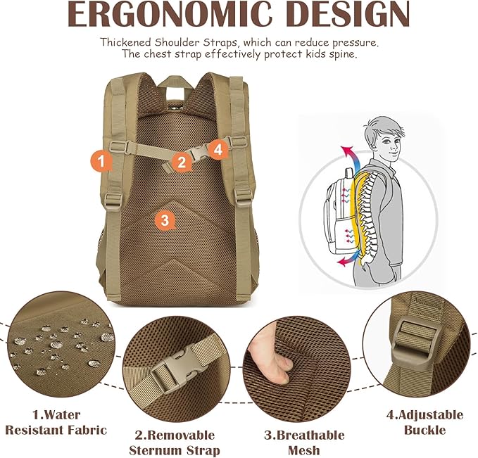Kids Tactical Backpack Army Molle Bookbag Military Boys Backpack for School, Outdoor, Camping, Brown