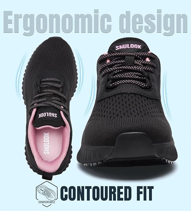 SHULOOK Women's Non Slip Work Shoes Slip-Resistant Kitchen Chef Restaurant Food Service Nurse Shoe Comfortable Mesh Breathable Walking Sneakers Black