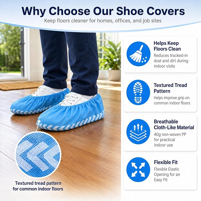Innovative Haus Blue Indoor Disposable Shoe Covers - Disposable Non Slip Boot Covers - Indoor Reusable Booties - Treads - Water Resistant - 200 Pack, Extra Large