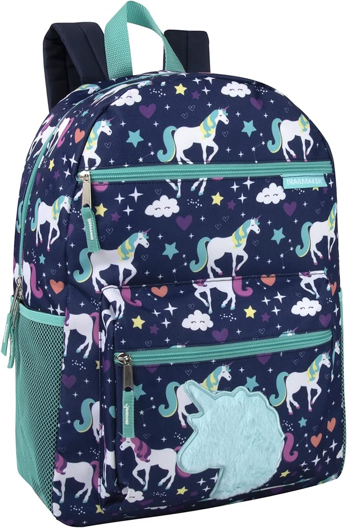 Trail maker 17” Kids Character School Backpacks Plush for Girls with Side Pockets, Padded Straps