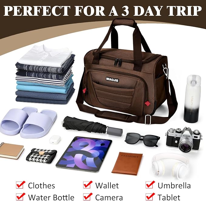 Underseat Carry On luggage Bag Airplanes Personal Item Bags, Gym Bag for Men Weekender Overnight Travel Tote Bag Shoulder Small Softside Carry on Luggage Travel Duffel Bags For Men Women -16 IN Brown