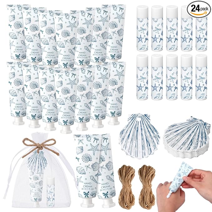 24 Sets Bow Seashells Themed Hand Cream and Lip Balm Gift Seashells and Wedding Bells Favors Bridal Shower Party Favors for Guest Travel Size Bulk Ocean Coastal Summer Baby Shower Party Supplies