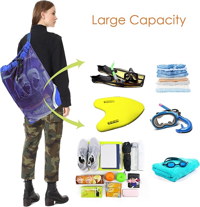 BeeGreen Mesh Drawstring Bag Swim Backpack for Beach Pool Sports Gym Draw String Cinch Bags for Swimming Soccer Basketball Gear Blue