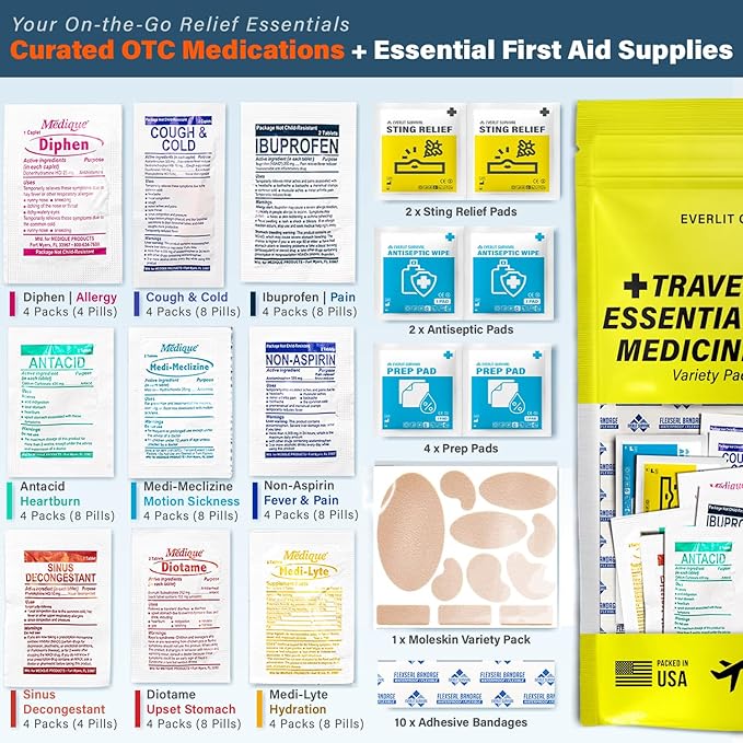 EVERLIT CARE Travel Essential Medicine First Aid Kit I Bonus Medical Supplies I TSA Compliant Mini Size Medkit for Traveling Camping Trips Individually Packed 64 Tablets (Refill Pack)
