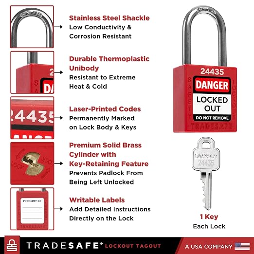 TRADESAFE Lockout Tagout Locks Set - 10 Red Loto Locks, Lockout Locks Keyed Different, 1 Key Per Lock, OSHA Compliant Lock Out Tag Out Padlocks, Safety Padlocks for Electrical Lockout Tag Out Kits