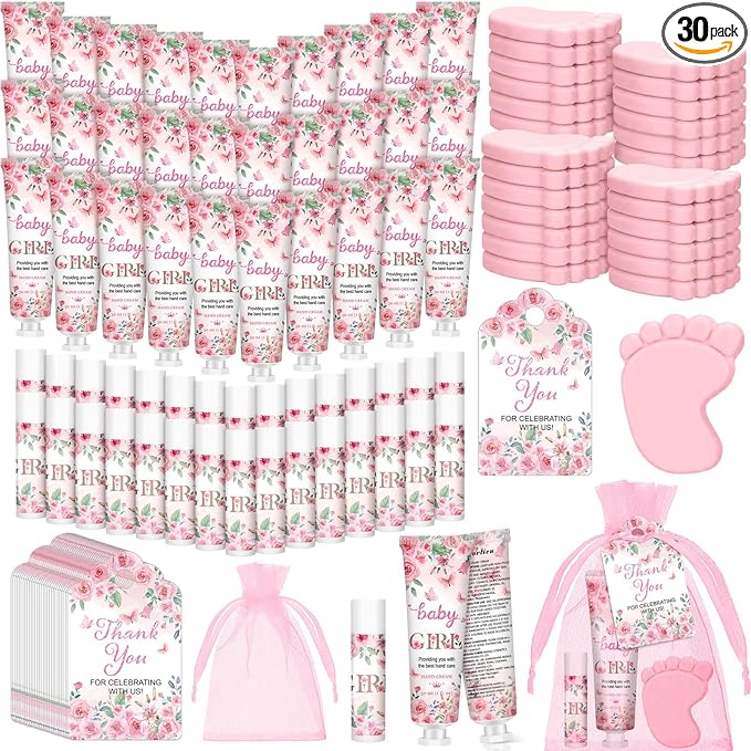 Loopeer 30 Set/150 Pcs Pink Flowers Baby Shower Favors for Guests Gifts Hand Cream Lip Balm Soap Party Favors Travel Size with Bags, Thanks You Card for Games Prizes Souvenirs
