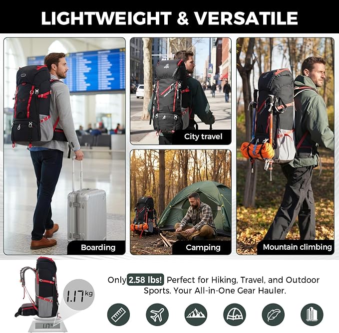 Bseash 65L Waterproof Hiking Camping Backpack with Rain Cover, Outdoor Sport Travel Daypack for Climbing Touring (Black)