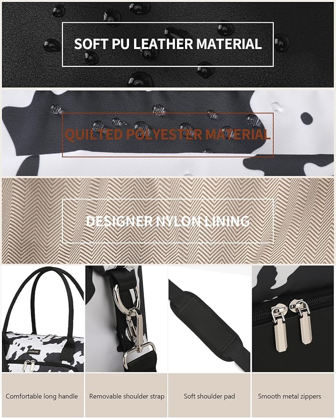 Weekender Bags for Women, Travel Duffle Bag Carry On Overnight Bag with Cosmetics Bag and Crossbody Purse for Gym Hospital, Gifts for Women, Cow Print Black