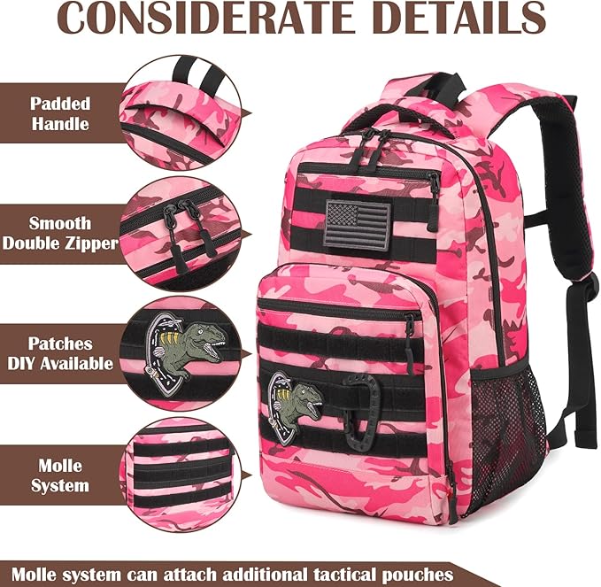 Kids Tactical Backpack Army Molle Bookbag Military Boys Backpack for School, Outdoor, Camping, Pink CM